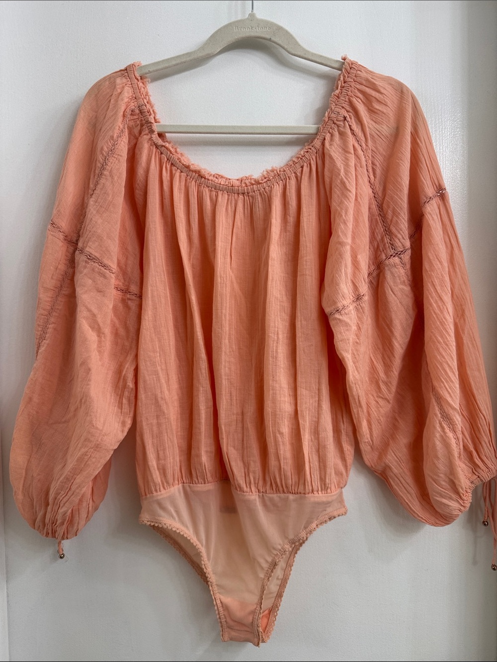 Women's Peasant Sleeve Bodysuit Chemise in Coral Pink